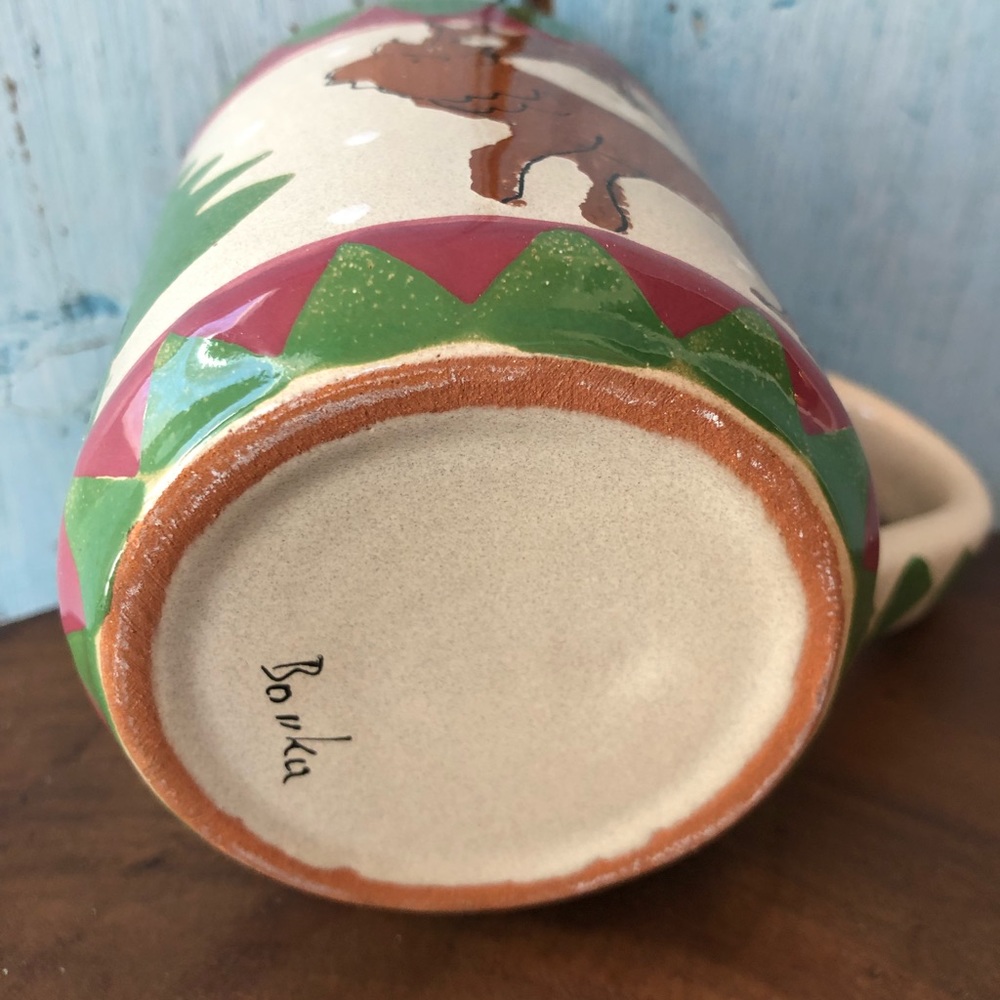 Artisan-made stylized winter mug with moose, pine tree, & snowflakes - Picture 4 of 5